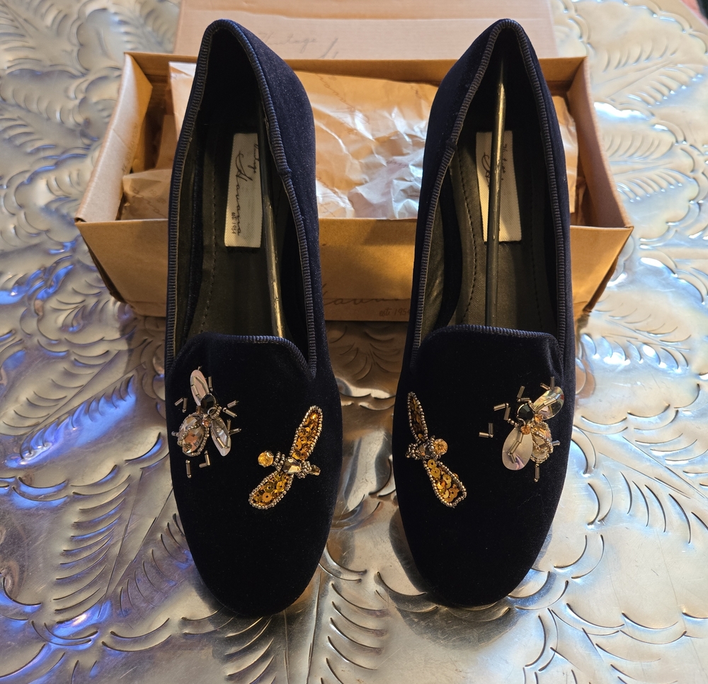 Vintage Havana Navy Velvet Jeweled Loafers